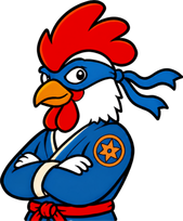 The crewster.pro mascot: a rooster in a blue headband and gi, arms crossed.