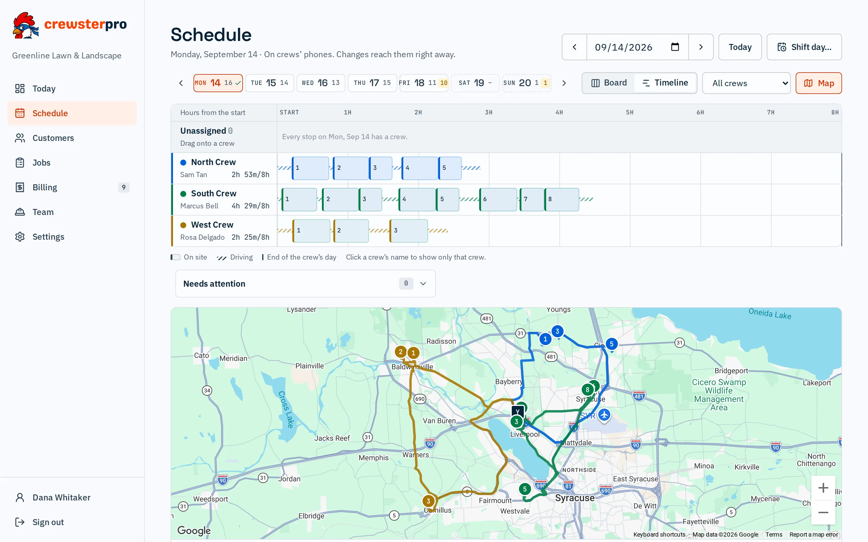 Timeline: The timeline: crews as rows, with on-site time and driving laid out across the day.