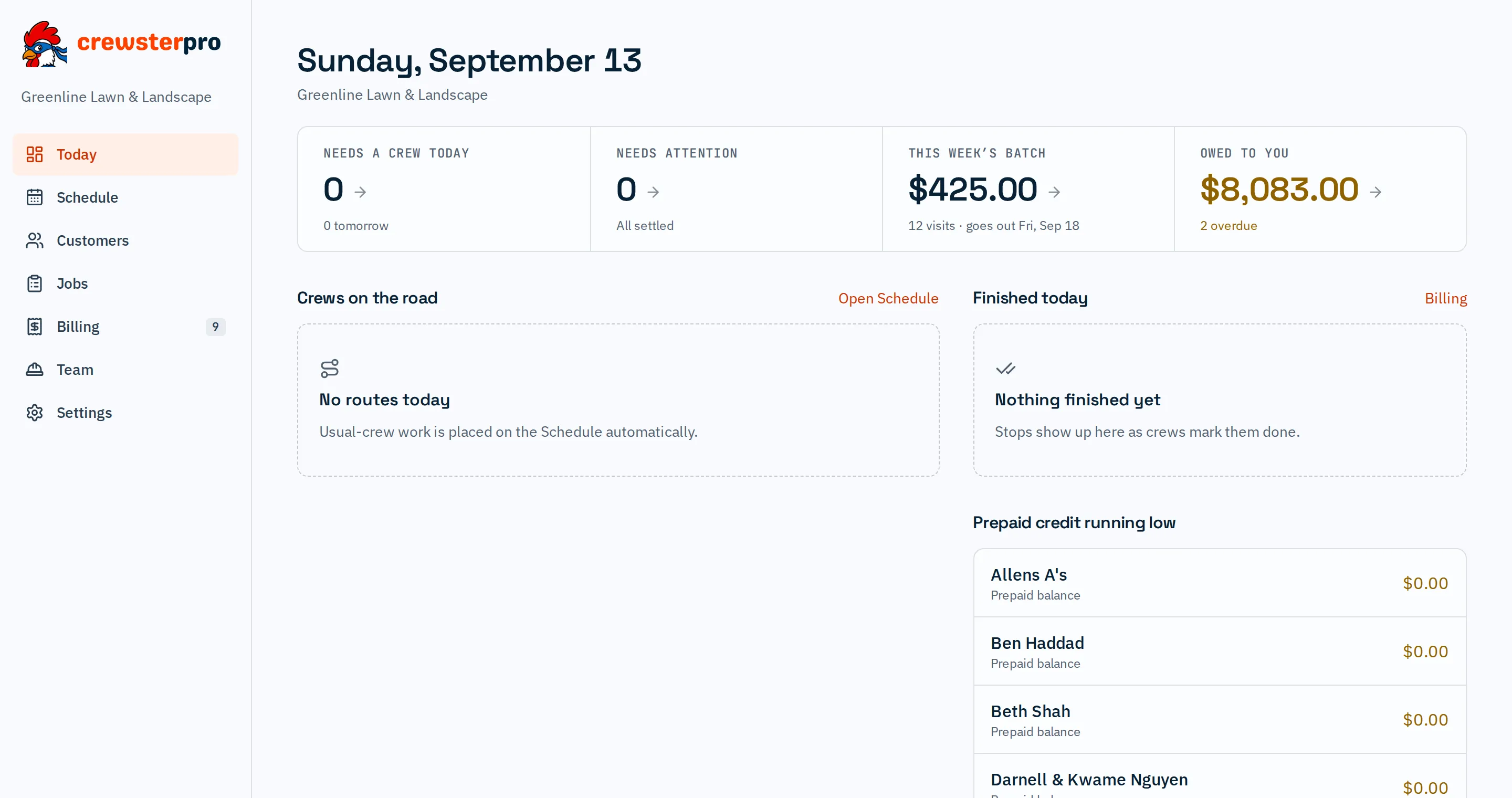 Today dashboard: The Today dashboard: four tiles, crews on the road and what finished today.