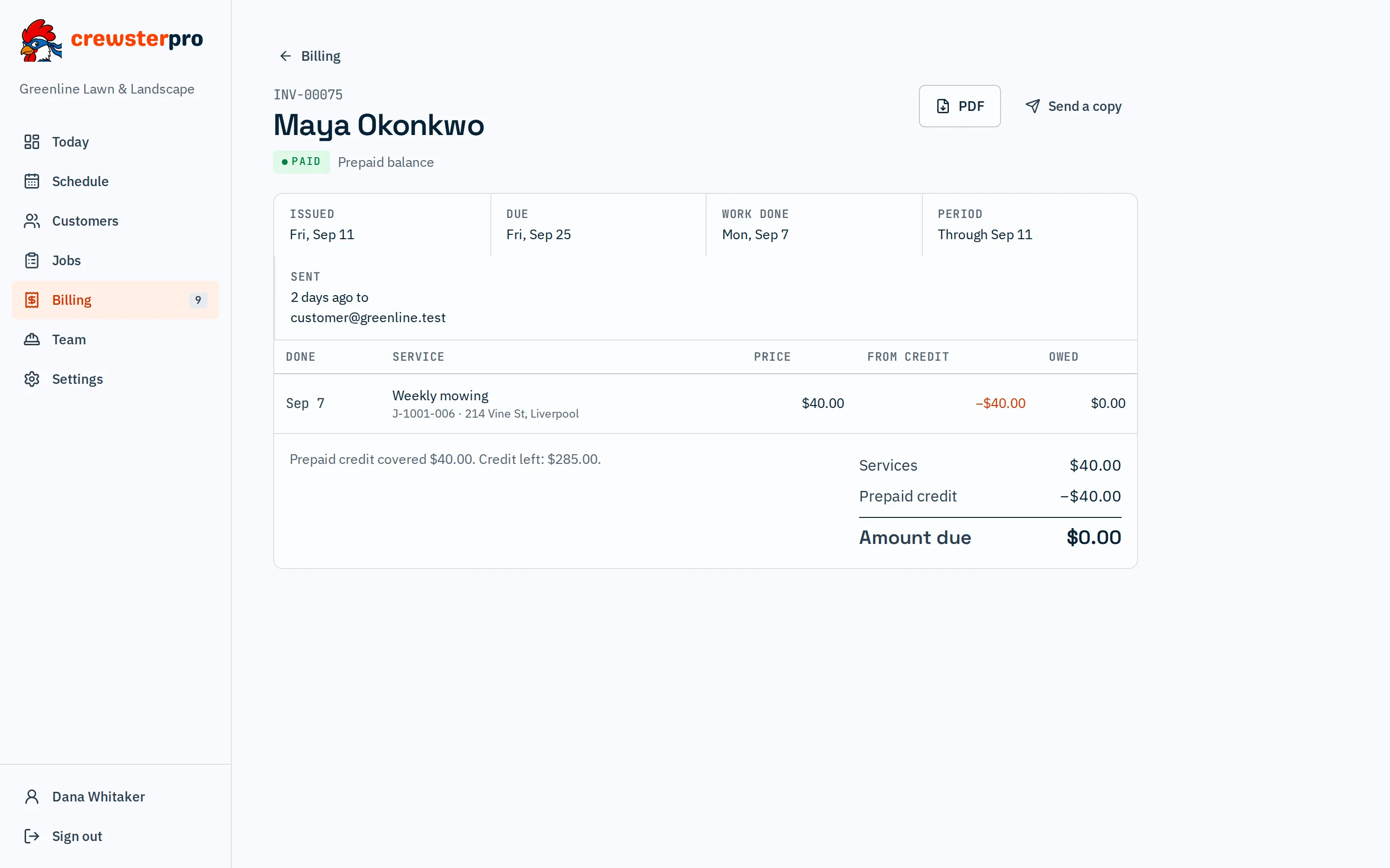 Invoice: An invoice: one line per visit, with prepaid credit taken off line by line.