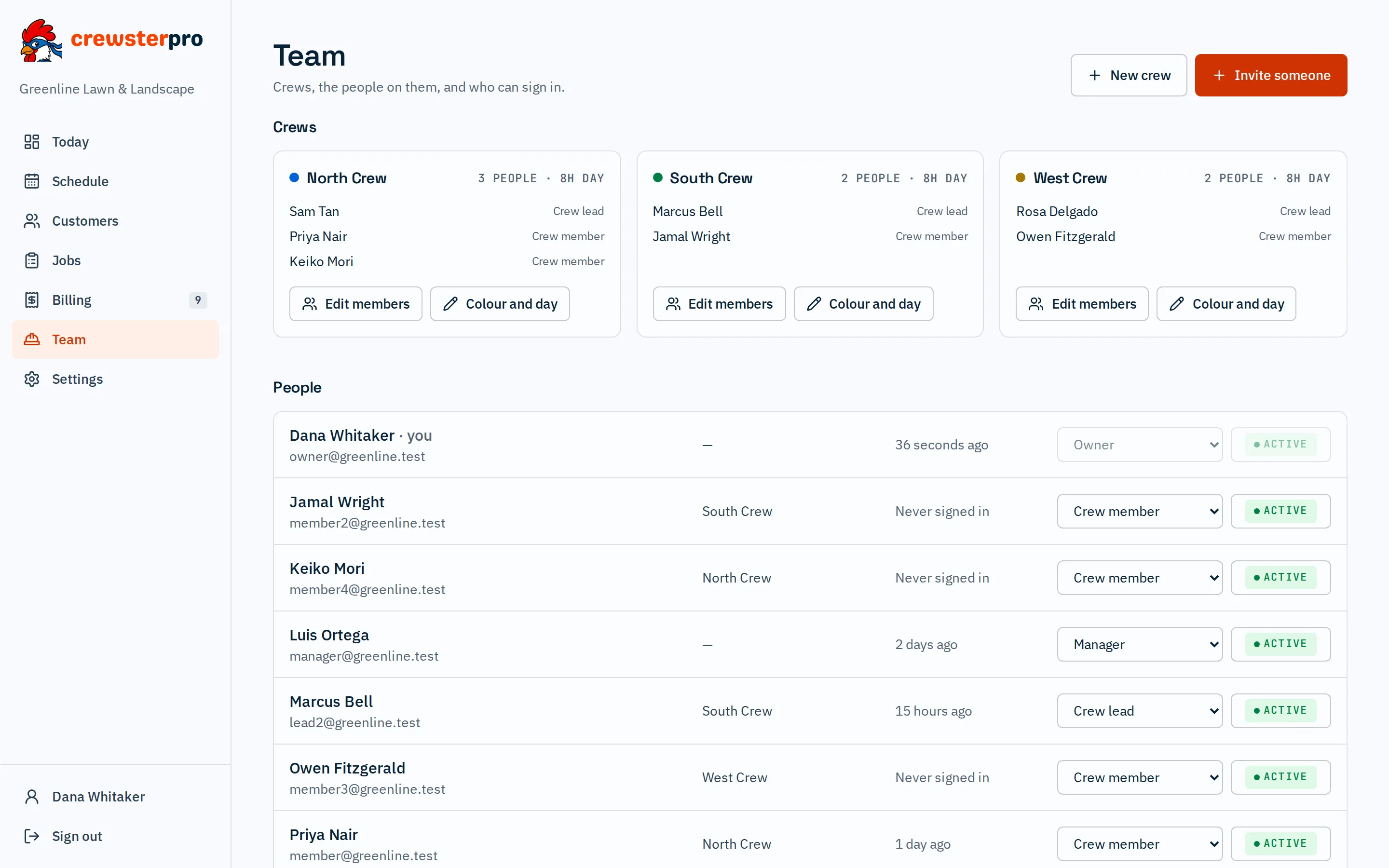 Team: Team: each crew with its colour, members and work-day hours.